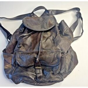 Vtg Y2K Leather Brown Patchwork Bookbag Grunge Everyday Hippie Boho